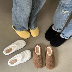 Korean Style Faux Lamb Fur Slip-On Slippers for Women - Round Toe Low Heel