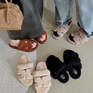 Brand Same Thick Sole Velcro Furry Slippers