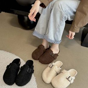 Korean Style Round Toe Sheepskin Fur Slippers for Women Low Heel