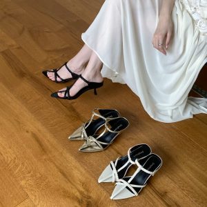 French Design Pointed Toe Thin Heel Slippers Women Summer Fashion Strappy High Heel Sandals Roman Slippers